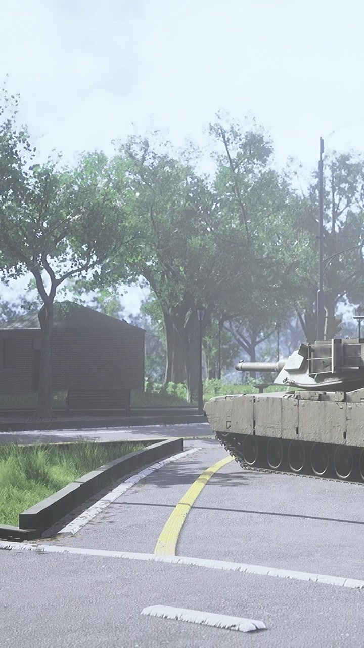 Military tank in urban area during daylight with trees in background