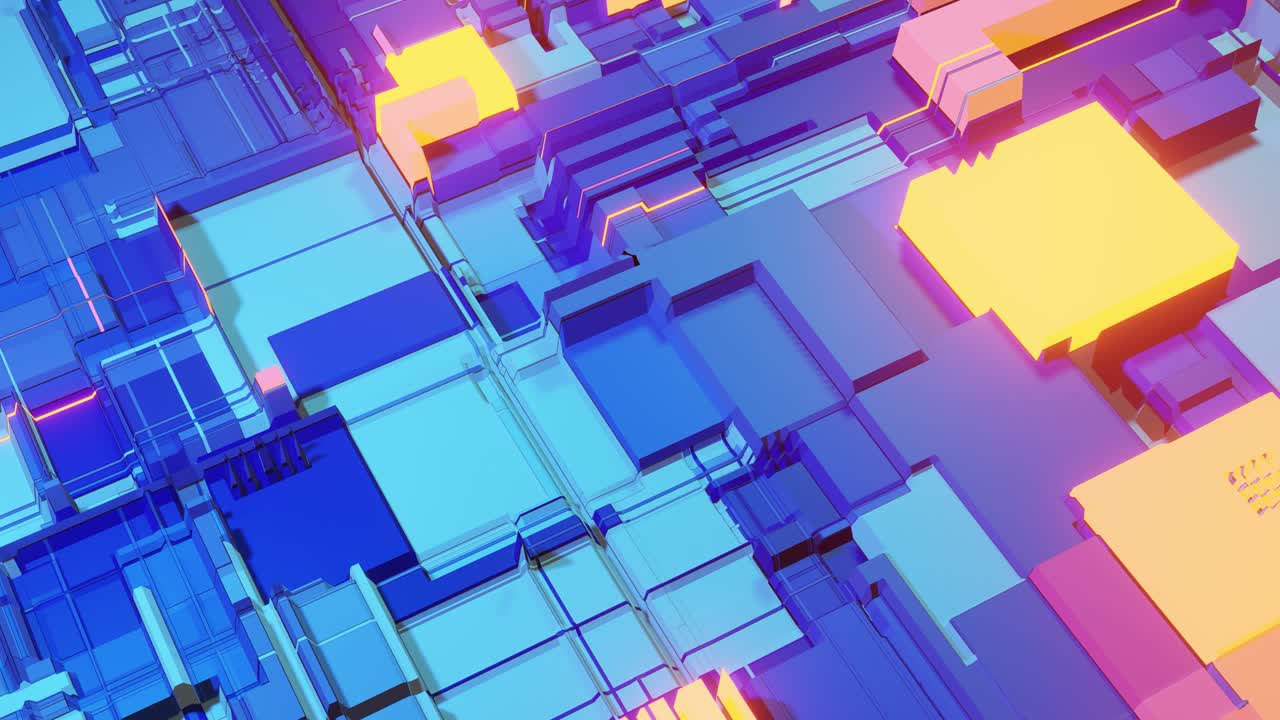 Technological background of flying over grid with technology shapes.