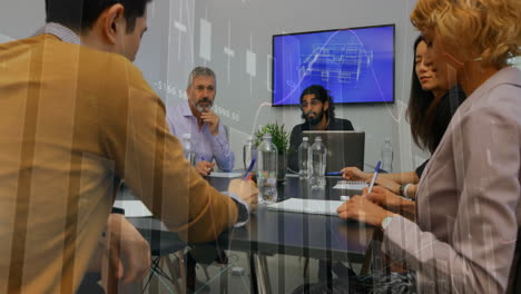 financial data processing animation over business meeting in conference room