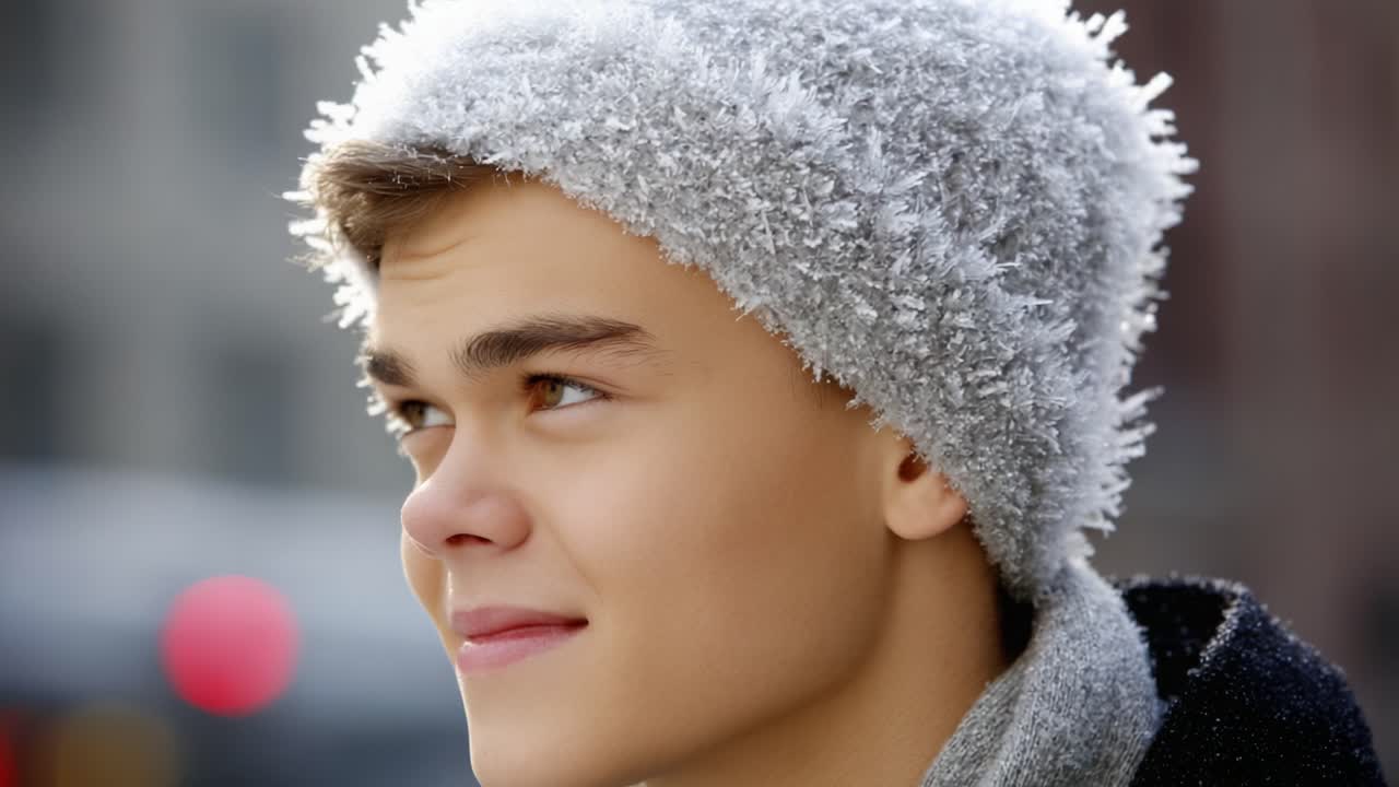 A Young Man in a Woolly Hat Smiles on a Bright Day, Captured in Two Frames Highlighting His Joyful Expression and Winter Fashion Style