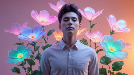man with glowing colorful flowers