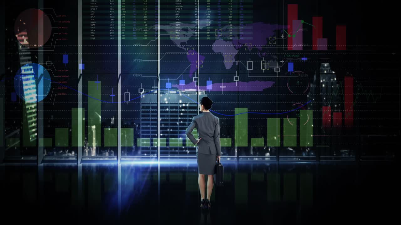 vista trasera de una mujer de negocios mirando la animación digital de la interfaz de gráfico brillante