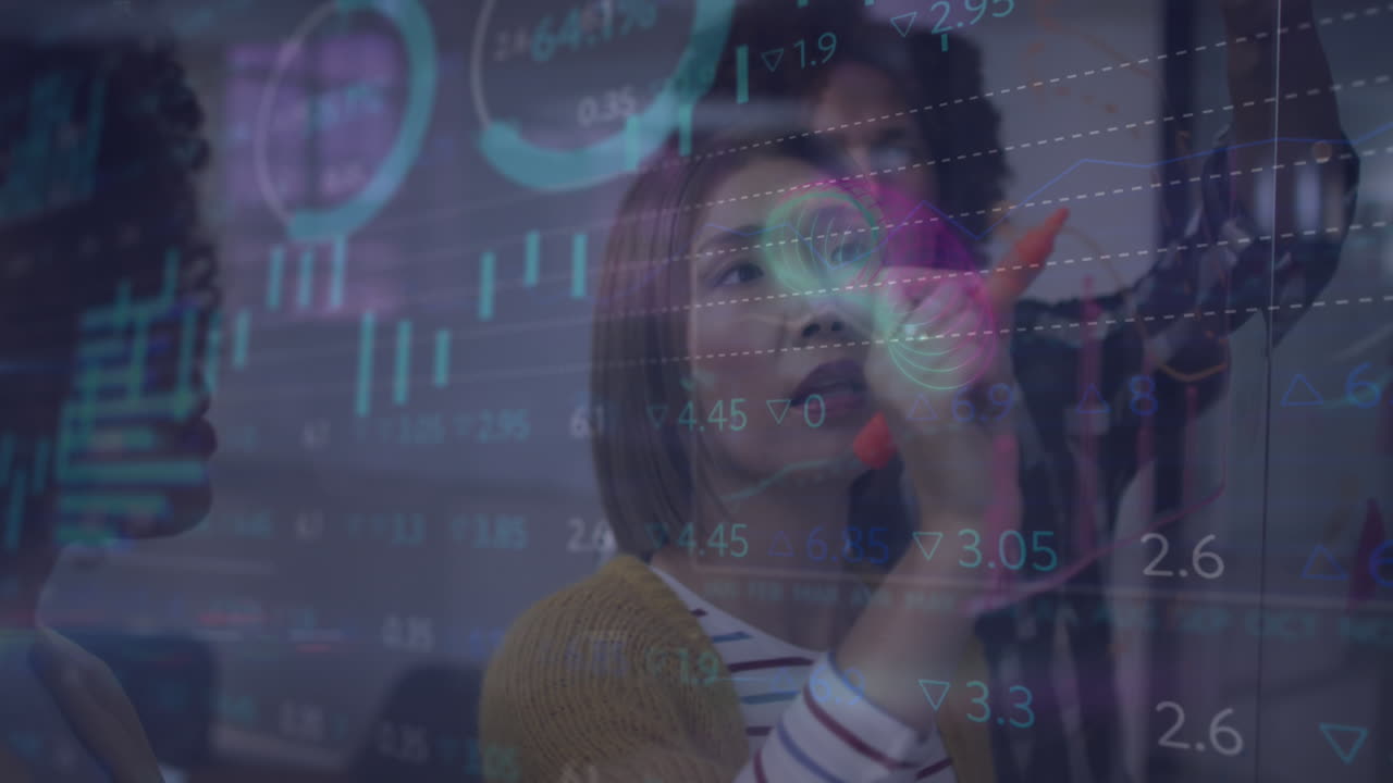Animation of data processing over diverse colleagues discussing and writing on glass board at office
