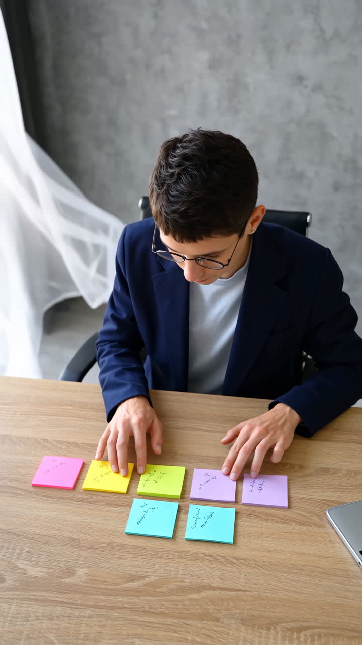 Person organizing ideas with colorful sticky notes on a wooden desk