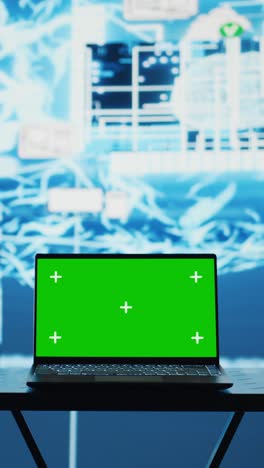 Vertical Video PC running green screen on a display surrounded by high tech data AI brain