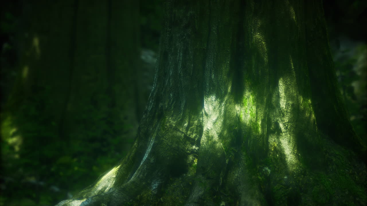 Majestic forest tree trunk with sunlight filtering through foliage