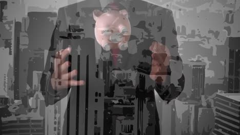 animación de edificios de la ciudad moderna sobre un hombre de negocios lanzando y atrapando una alcancía