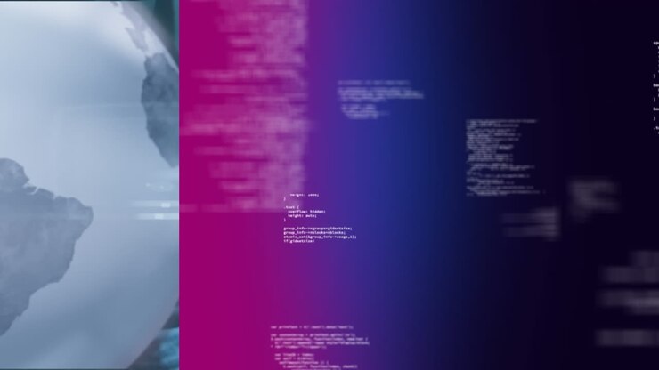 Animazione di elaborazione dati su un globo e sfondo dal viola al rosa
