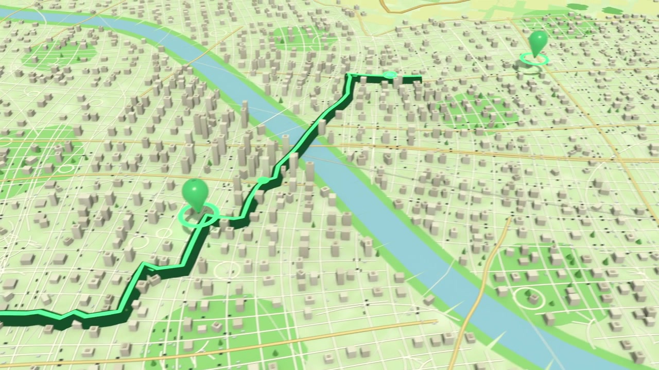 Anello pulsante che avvia la navigazione estendendo un percorso verde tramite waypoint su una mappa 3D che collega segnaposti rossi