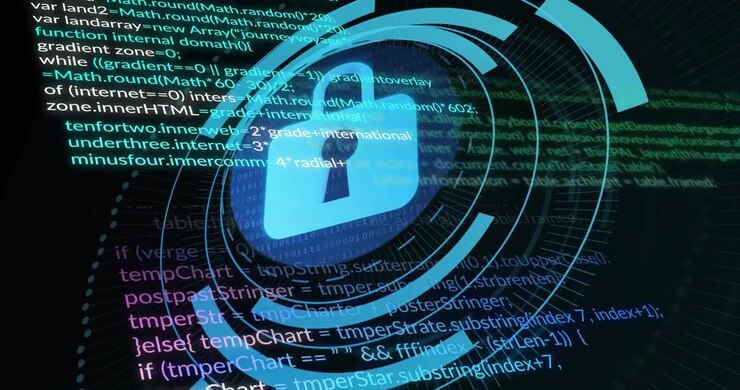 Code scrolling while rings forming around pulsing blue padlock icon visualizing secure encryption