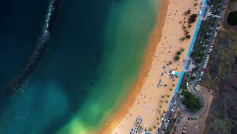 Top-View-Of-Tropical-Sandy-Beach-With-Clear-Turquoise-Water