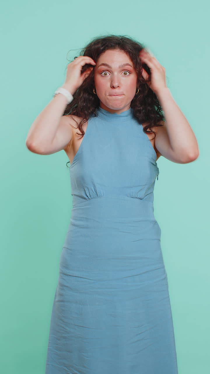 Excited amazed woman showing head explosion looking worried shocked surprised girl wow idea eureka