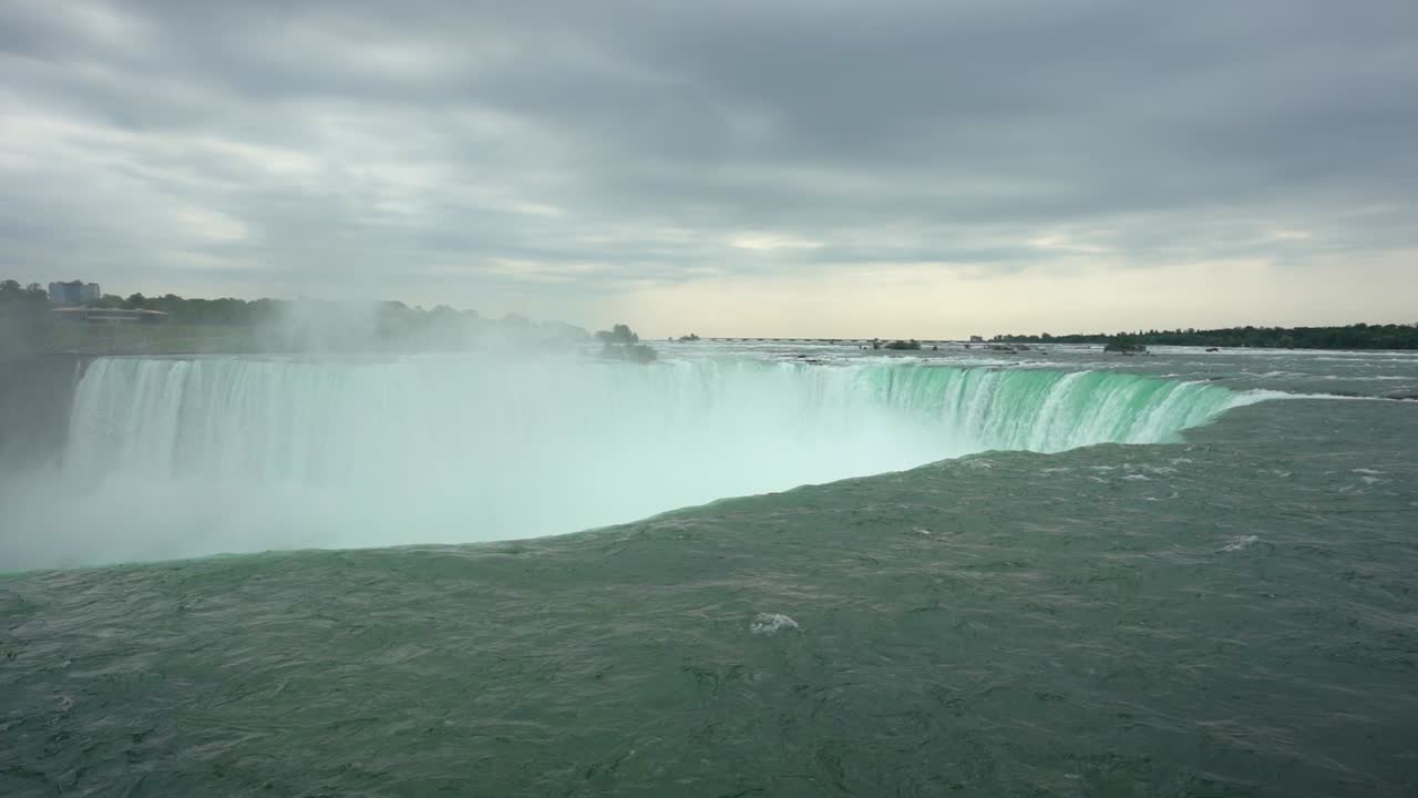 imagen estática en cámara lenta del maravilloso río niágara y las cataratas del niágara en la provincia canadiense de ontario cerca de nueva york con vista a la cascada en un día nublado