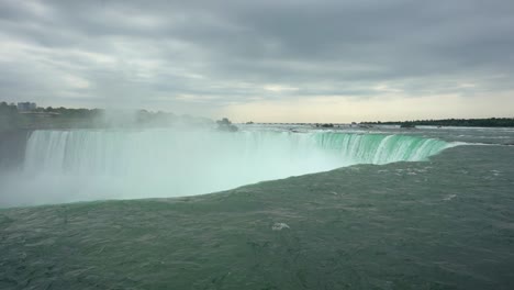 Statische-Zeitlupen-Weitwinkelaufnahme-Des-Wunderschönen-Niagara-River-Und-Der-Niagarafälle-In-Der-Kanadischen-Provinz-Ontario-In-Der-Nähe-Von-New-York-Mit-Blick-Auf-Den-Fließenden-Wasserfall-An-Einem-Bewölkten-Tag