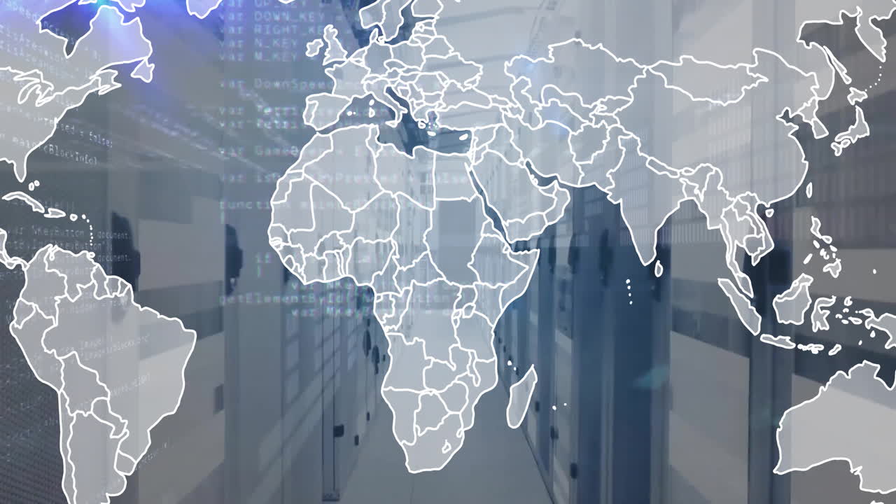 Animation of world map with digital data processing over computer servers
