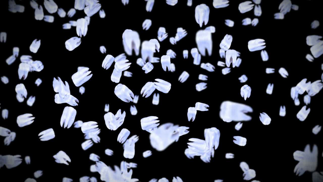 검은색 바탕에 많은  이빨을 날아다니며, 치과 관리 개념, 치아 회전의 3d 애니메이션, 루프 애니메이션.