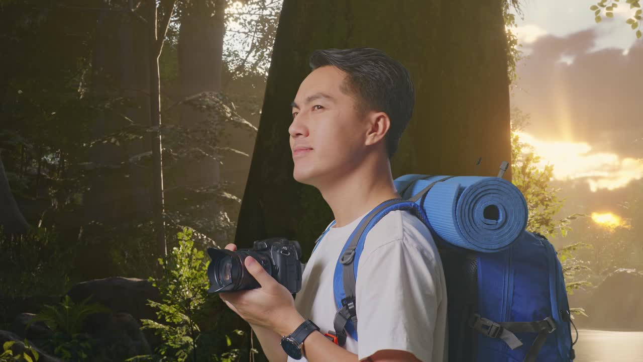 산악 배을 들고 카메라를 들고 숲의 자연을 탐험하는 동안 주변을 둘러보는 아시아 남성 하이커의 근접한 측면 시각