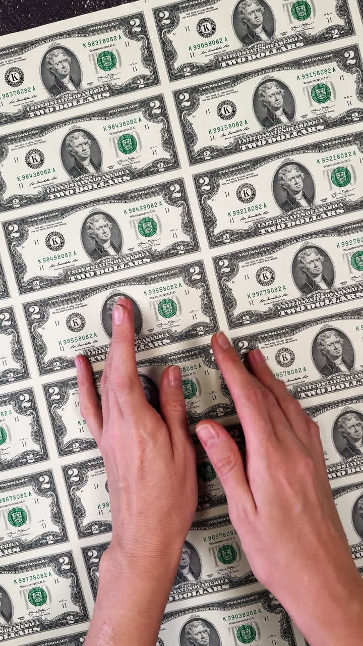 Mani femminili toccano il foglio con banconote da dollaro non tagliate. Due banconote da dollaro. Concetto di finanza. Primo piano. Video verticale.