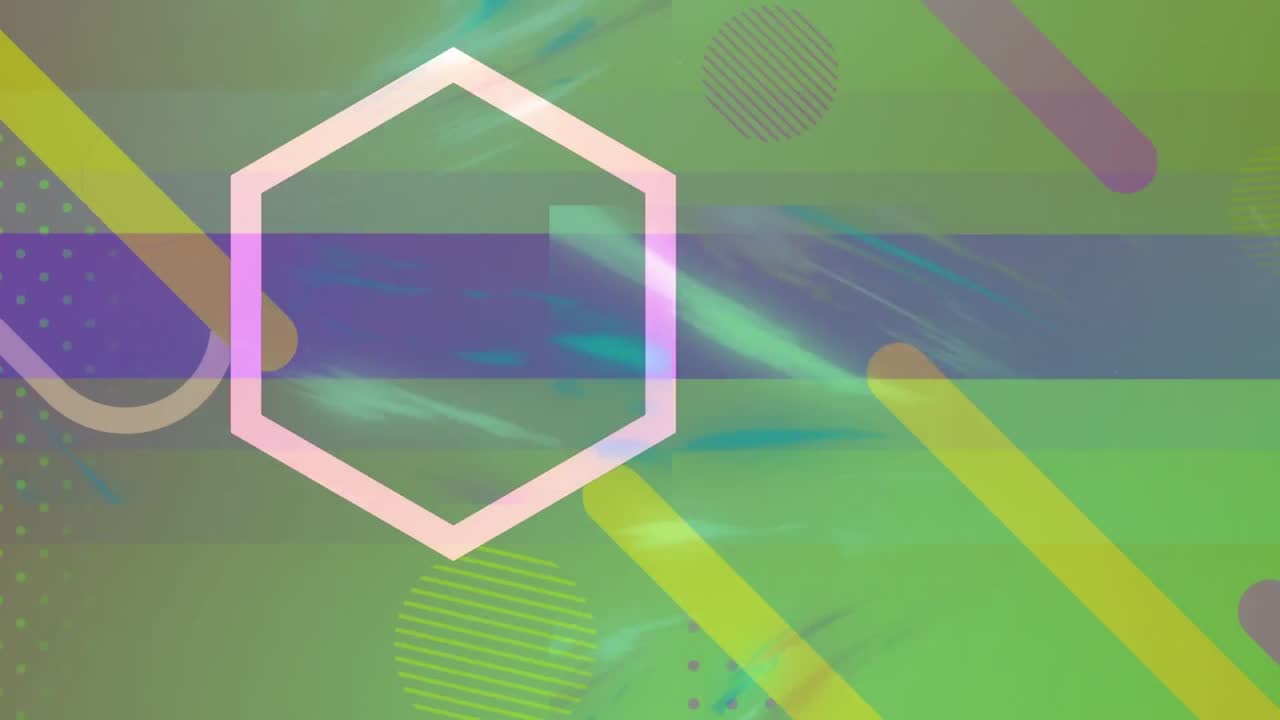 Animación digital de forma hexagonal y formas abstractas moviéndose sobre fondo amarillo.