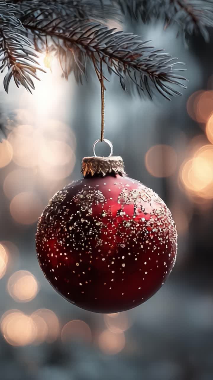 Incantevole decorazione rossa appesa a rami di pino, scintillante di allegria festiva, avvolta in uno sfondo da sogno di luci soffuse