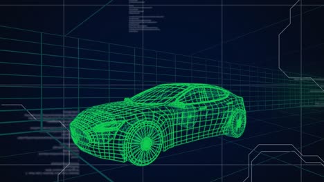 Animación-Del-Dibujo-3d-Verde-Del-Automóvil-Y-Procesamiento-De-Datos-Técnicos