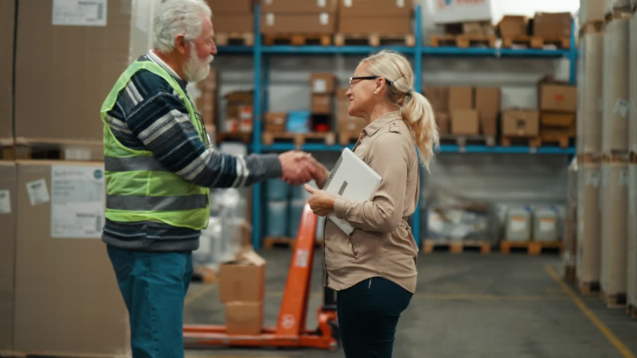 Optagelse af forretningskvinde og industriarbejder, der giver hånd på et lager. Virksomhedsejer giver hånd med lagerchef.