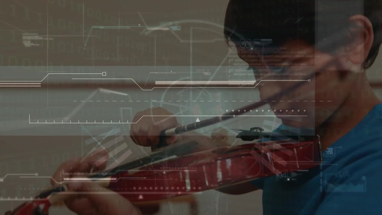 Young Boy Playing Violin with Digital Data Overlay
