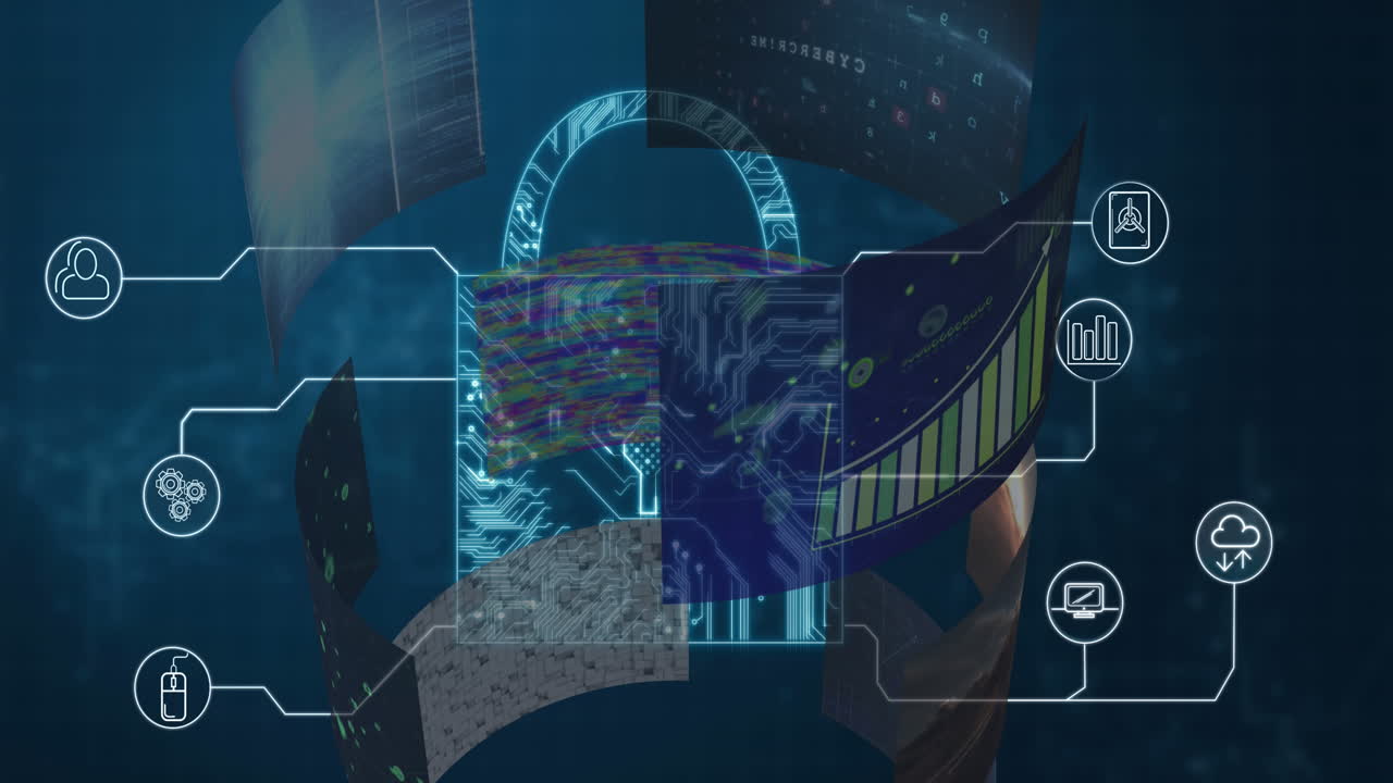 animación de redes de conexiones, candado de seguridad en línea y procesamiento de datos en pantallas