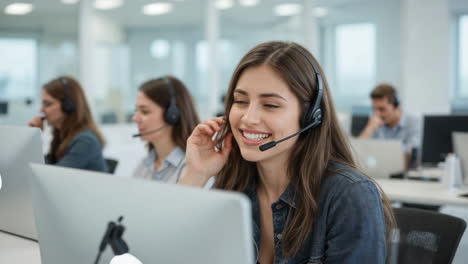 smiling customer service representative working in a call center