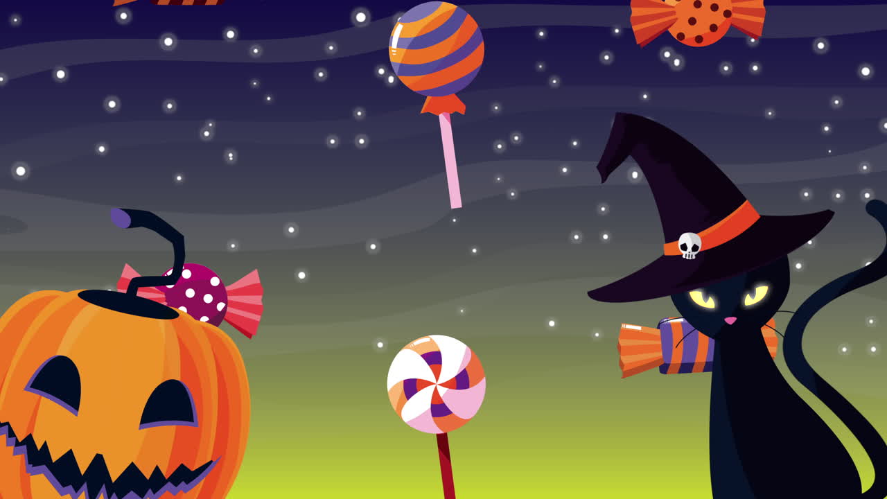 Illustrazione di Halloween con caramelle, zucca e gatto nero