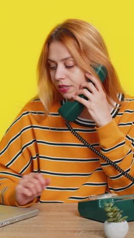 woman having telephone conversation with client call center or support service operator helpline