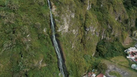 Cascada-de-la-Virgen-Waterfall-On-Lush-Cliff-In-Baños-de-Agua-Santa,-Ecuador---aerial-drone-shot