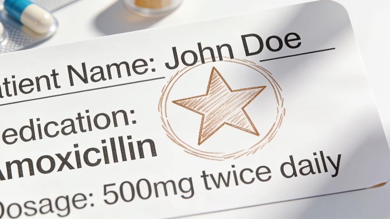 Shifting camera moving Rx label to center on home countertop, showing Amoxicillin 500mg star emblem