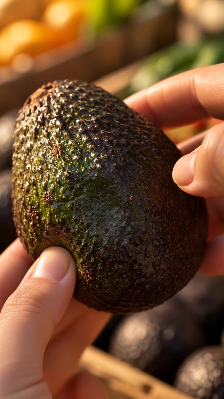 Una vista ravvicinata mostra le dita che girano lentamente un avocado dalla buccia ruvida per ispezionarne la superficie, mentre la calda luce del sole evidenzia i toni verdi e marroni e prodotti leggermente sfocati rimangono sullo sfondo