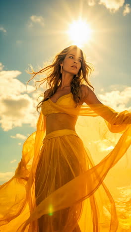 radiant woman in flowing yellow dress bathed in sunlight