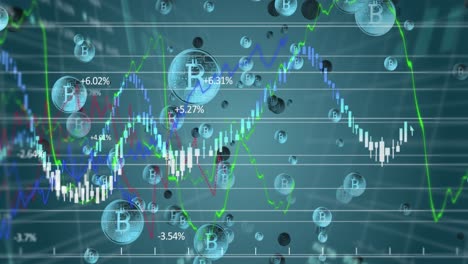 procesamiento de datos financieros sobre símbolos de bitcoin que se mueven contra un fondo azul