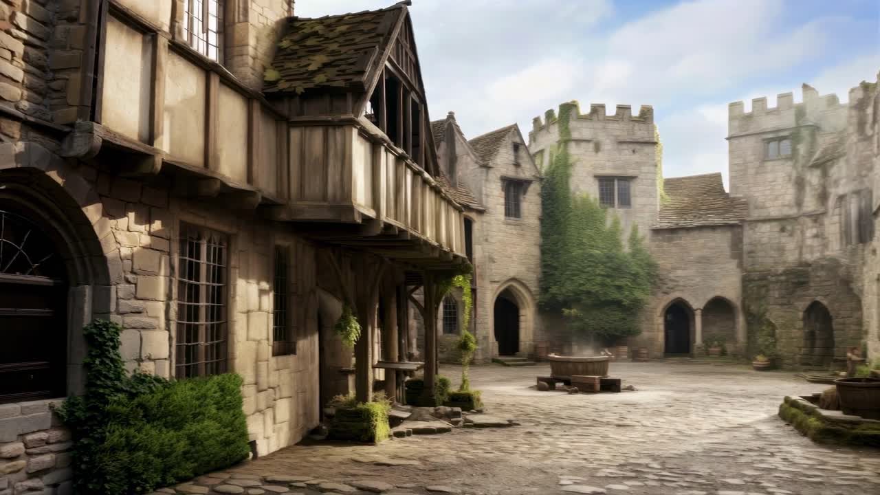 Middeleeuwse binnenplaats scène met stenen gebouwen, vastgelegd vanuit een lage hoek, ideaal voor een historische setting.