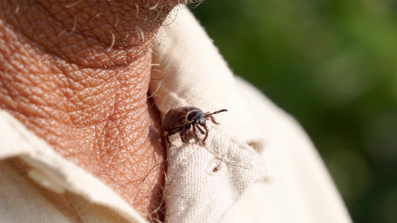 Primer plano de una garrapata en tela: Examinando las complejidades de un parásito hematófago adherido a la ropa de una persona con luz natural