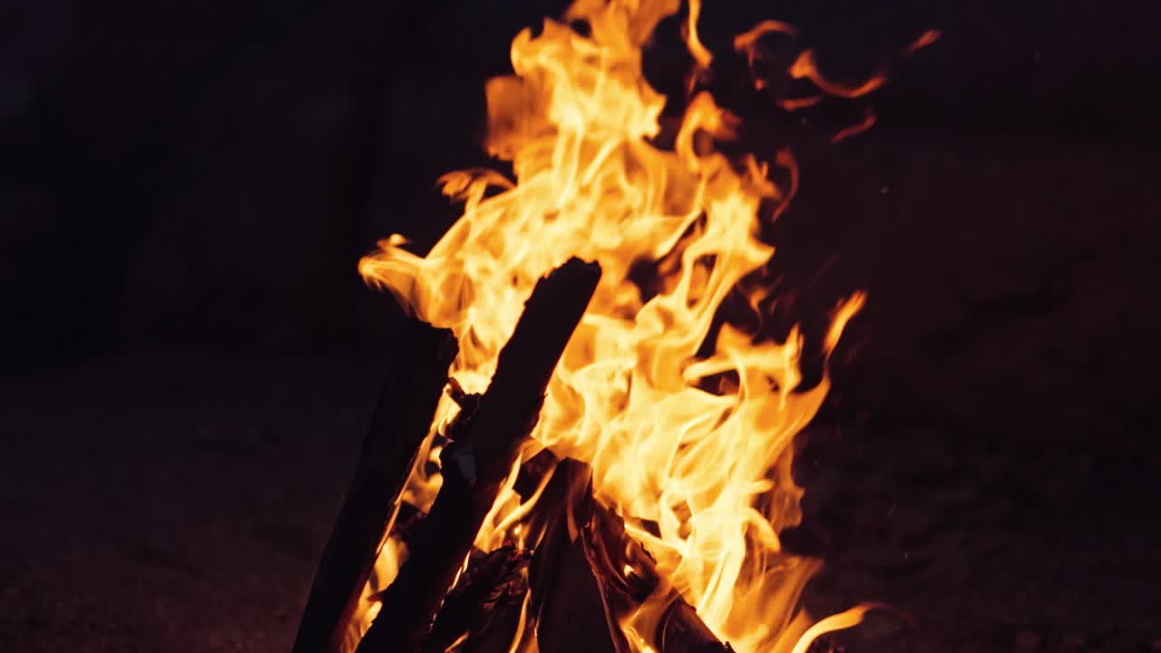 Bonfire. Burning logs in orange flames. Beautiful fire burns brightly. Slow motion