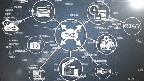 animation of business icons and network of connections over business texts