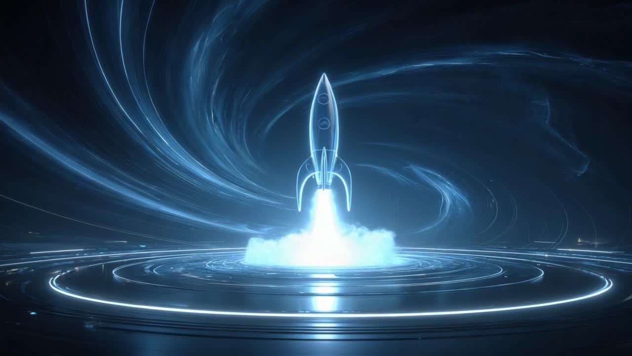 Futuristic blue rocket launch sequence with glowing smoke and light effects on a sleek platform. Visualizing startup success. Innovation. Technological advancement. And a powerful business beginning