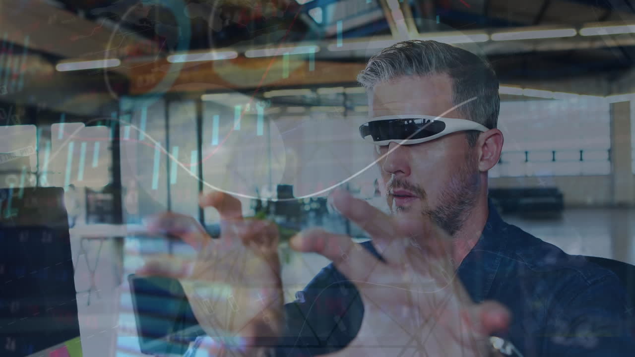 animación de un empresario caucásico analizando datos gráficos a través de un simulador de realidad virtual en la oficina