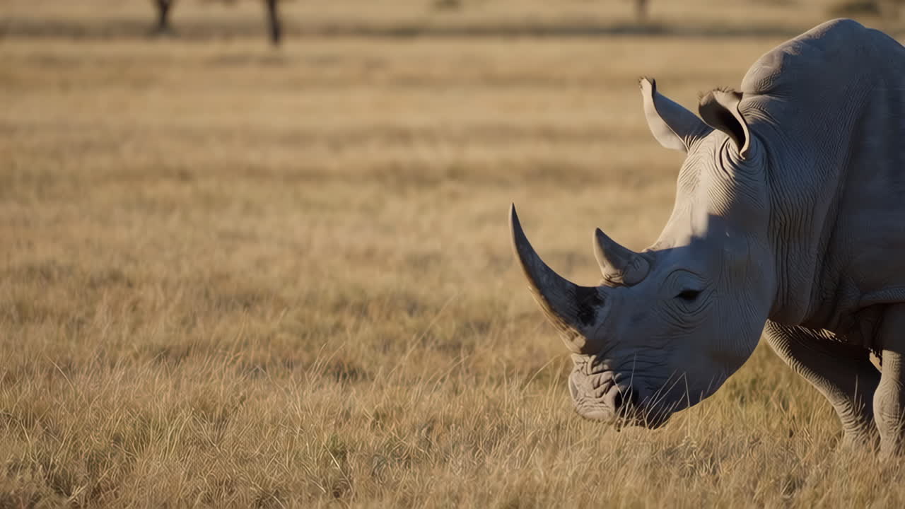 White Rhinoceros Grazing in African Savanna