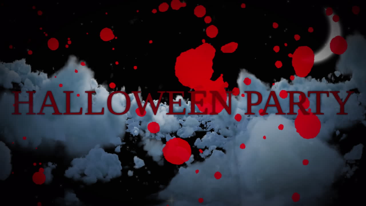 하늘에 있는 피 얼룩, 달과 구름 위에 있는 할로윈 파티 텍스트의 애니메이션