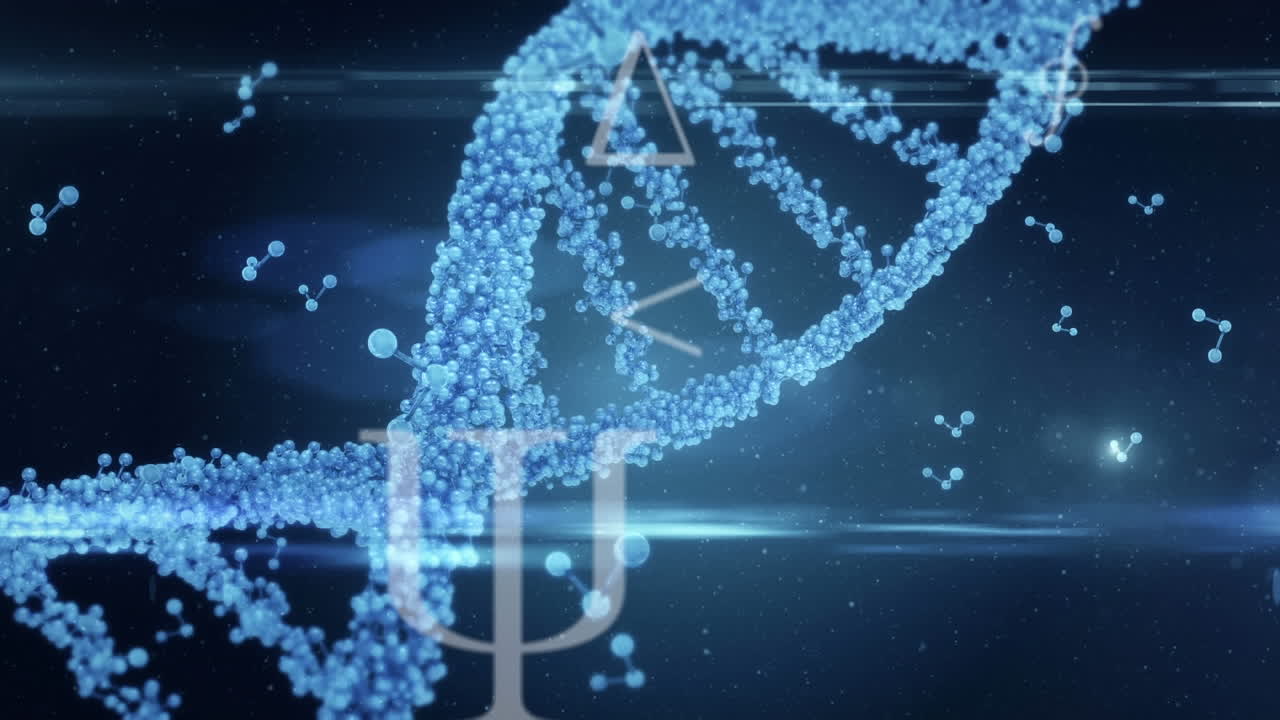 Animazione di una catena di DNA che ruota, molecole ed elaborazione di dati medici