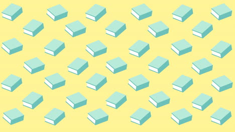 animación digital de múltiples iconos de libros verdes flotando contra un fondo amarillo