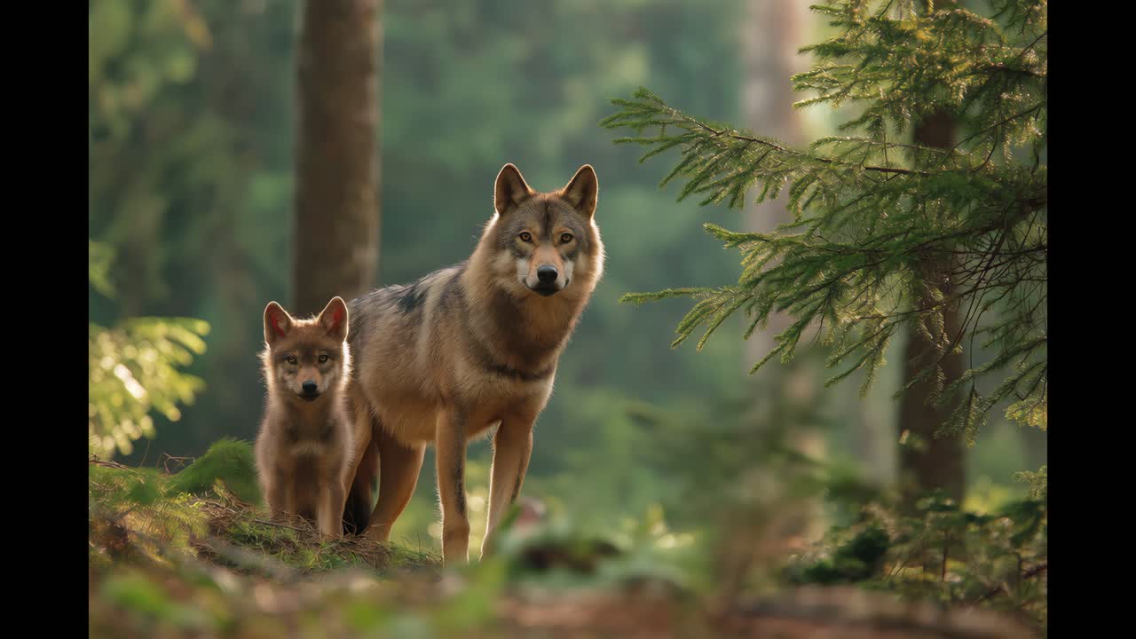 A Wolf and its Cub Standing Watchfully in a Sunny Forest