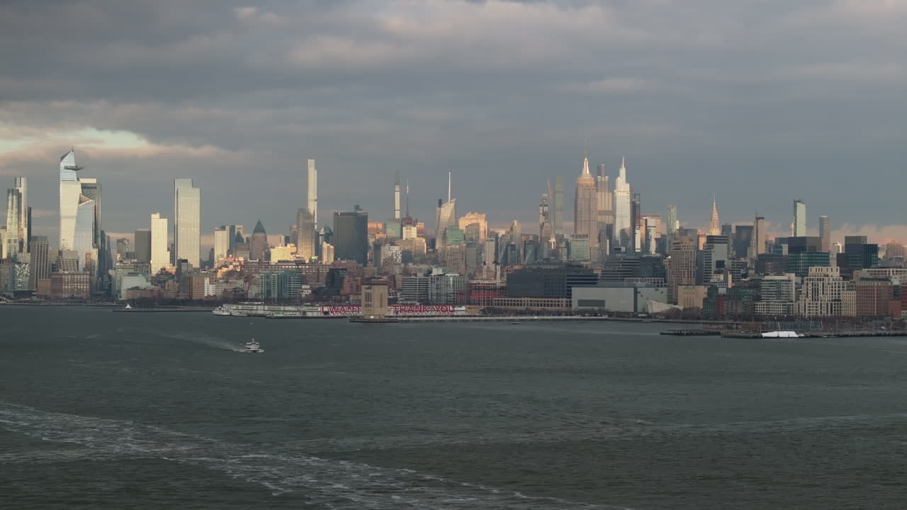 Aerial view of New York City. Shot along the Hudson River in New York City.