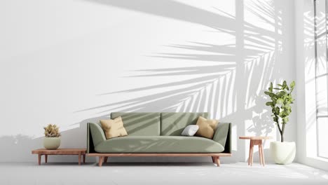 moderno apartamento de sala de estar renderización animación sombra gigante de hoja de árbol en la pared moviéndose suavemente por la brisa de verano concepto de diseño de interiores
