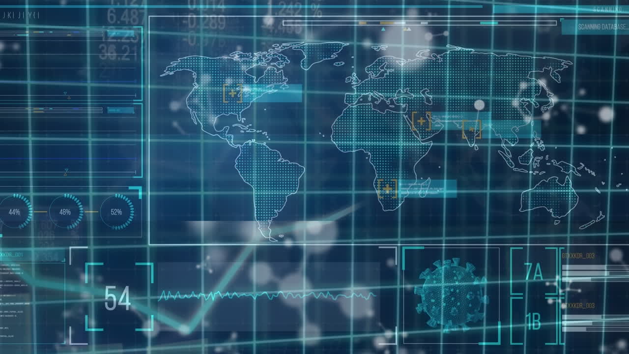 animación de células de covid 19 y procesamiento de datos en el mapa del mundo